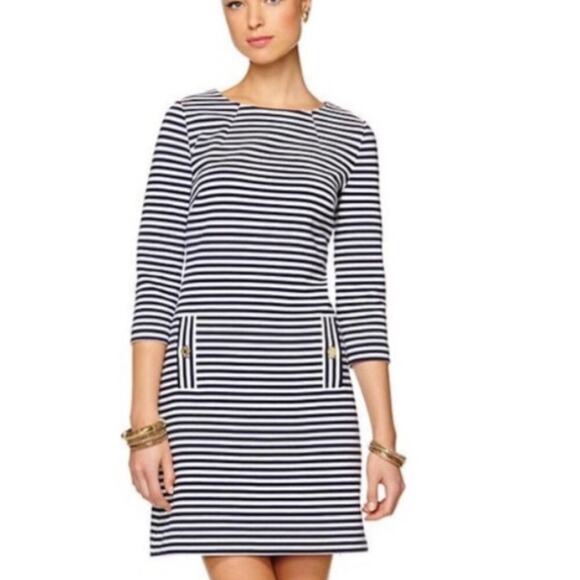Lilly Pulitzer Blue White Striped Charlene Dress 3/4th Sleeve A Line Size Small - Picture 1 of 7